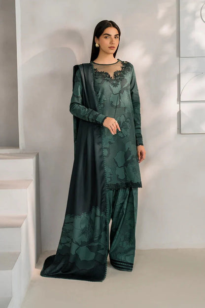 3-Piece Digital Printed Linen Suit – Dark Green Floral | Heavy Embroidery | Printed Collection