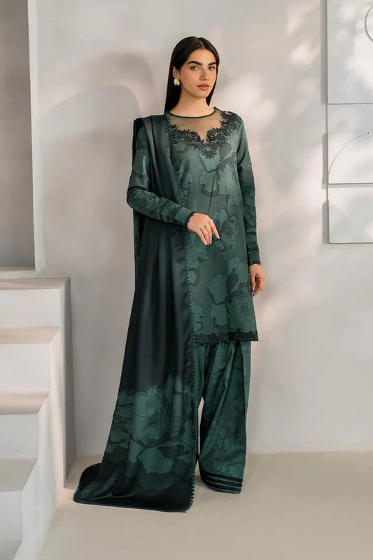 3-Piece Digital Printed Linen Suit – Dark Green Floral | Heavy Embroidery | Printed Collection