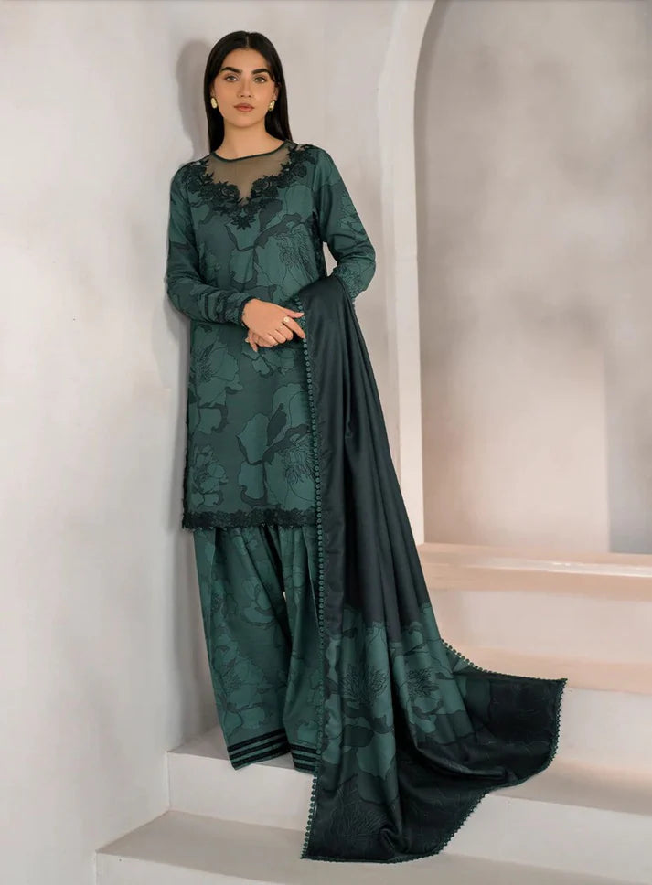 3-Piece Digital Printed Linen Suit – Dark Green Floral | Heavy Embroidery | Printed Collection