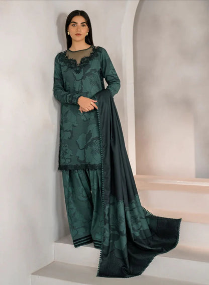 3-Piece Digital Printed Linen Suit – Dark Green Floral | Heavy Embroidery | Printed Collection