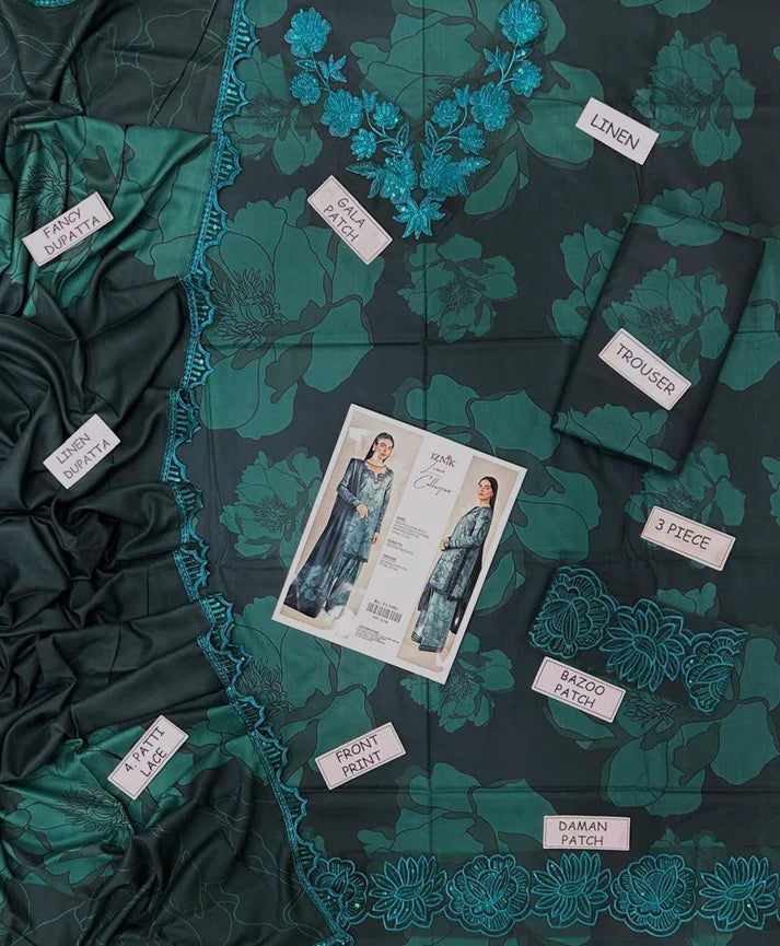 3-Piece Digital Printed Linen Suit – Dark Green Floral | Heavy Embroidery | Printed Collection