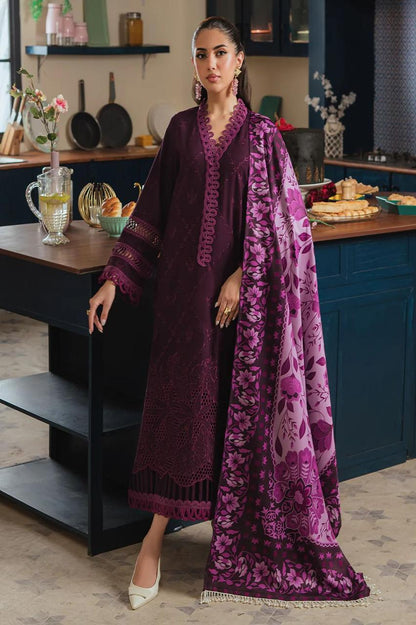 Mahnur Dhanak – 3PC Embroidered Suit | Plum Purple | Wool Shawl