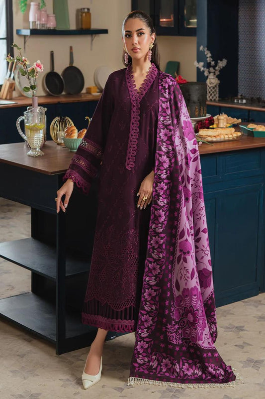 Mahnur Dhanak – 3PC Embroidered Suit | Plum Purple | Wool Shawl