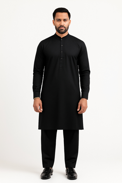Premium Egyptian Cotton – Jet Black | Luxury Men’s Shalwar Kameez Fabric (4.5m)