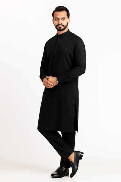 Premium Egyptian Cotton – Jet Black | Luxury Men’s Shalwar Kameez Fabric (4.5m)