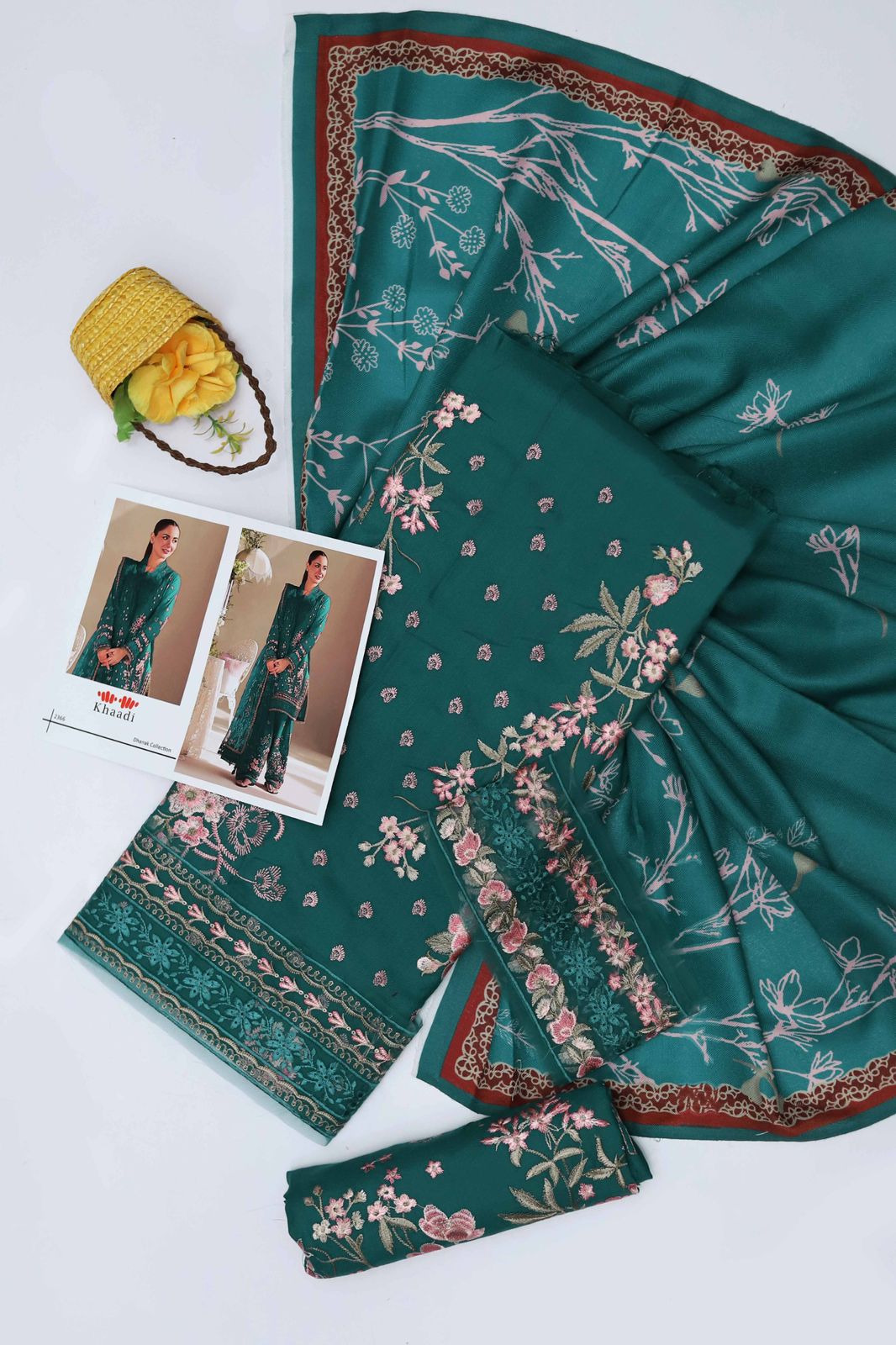Dhanak Marina 3-Piece Embroidered Suit – Teal Green | Wool Shawl | Daman & Sleeves Patches